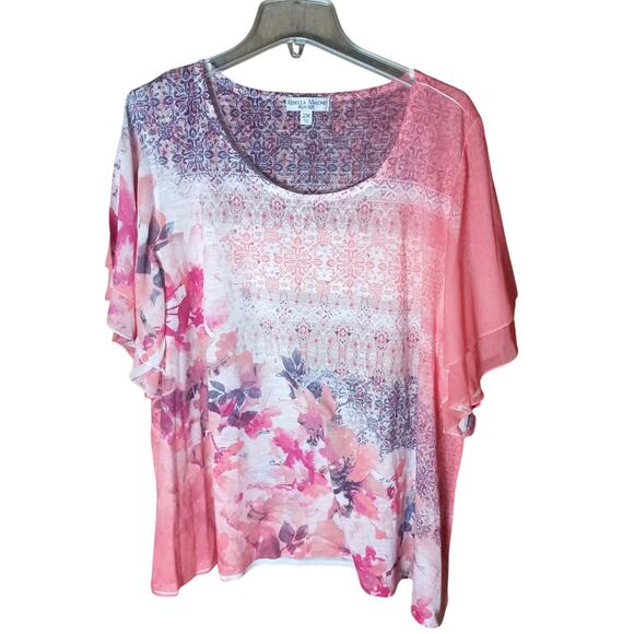 Rebecca Malone Women 2x Pink/ Purple Floral Sheer Flutter Sleeve Comfort Top - Picture 3 of 7